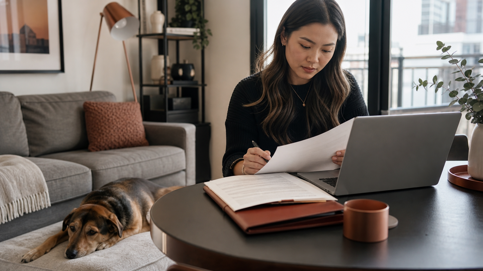 A renter reviews housing paperwork while a calm dog rests nearby.